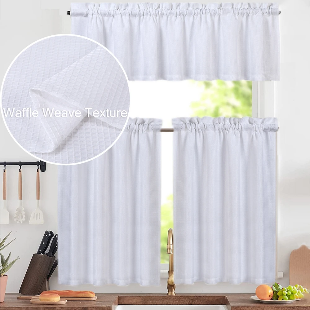 Caromio 3Pc Waffle Weave Rod Pocket Kitchen Curtain Tier and Valance Set