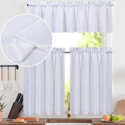 Caromio 3Pc Waffle Weave Rod Pocket Kitchen Curtain Tier and Valance Set