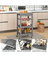 Sugift Kitchen Island Cart with Stainless Steel Tabletop and Basket