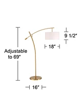 Possini Euro Design Raymond Modern Arc Floor Lamp 69" Tall Warm Gold Metal Adjustable Boom Arm White Linen Drum Shade Decor for Living Room Reading Ho