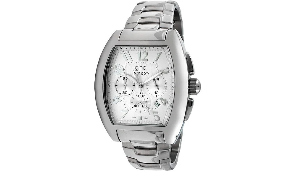 Gino Franco Men's Silver Dial Barrel Shaped Watch with Stainless Steel Bracelet and Chronograph