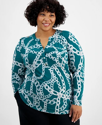 I.n.c. International Concepts Plus Printed Long-Sleeve Top, Created for Macy's