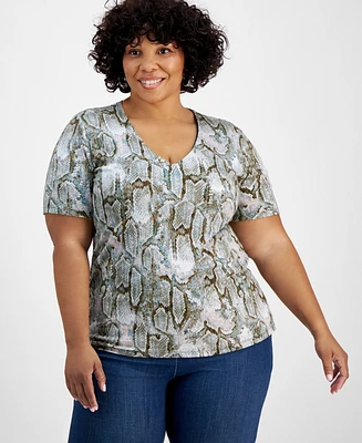 I.n.c. International Concepts Plus Printed V-Neck Top, Created for Macy's