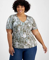 I.n.c. International Concepts Plus Printed V-Neck Top, Created for Macy's