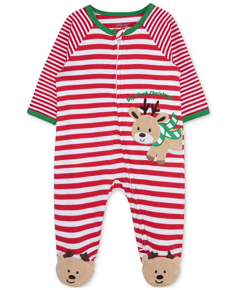 Little Me Baby Boys My 1st Christmas Cotton Striped Reindeer Footed Coverall