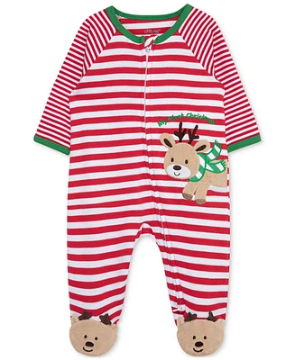 Little Me Baby Boys My 1st Christmas Cotton Striped Reindeer Footed Coverall