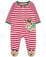 Little Me Baby Boys My 1st Christmas Cotton Striped Reindeer Footed Coverall