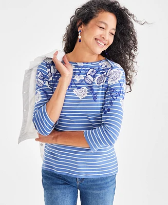 Style & Co Petite Cotton Mixed-Print 3/4-Sleeve Top, Created for Macy's