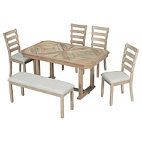 6-Piece Rubberwood Dining Table Set With Beautiful Wood Grain Pattern Table Top Solid Wood