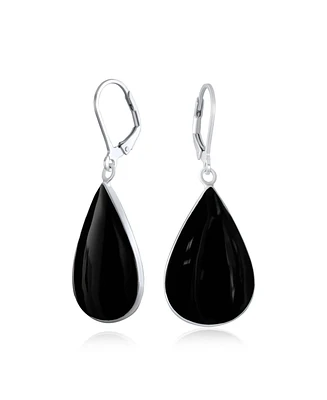 Bling Jewelry Large Flat Pear Shaped Black Onyx Teardrop Dangle Lever back Earrings Sterling Silver