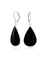 Bling Jewelry Large Flat Pear Shaped Black Onyx Teardrop Dangle Lever back Earrings Sterling Silver