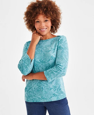 Style & Co Women's Pima Cotton Printed 3/4-Sleeve Top, Created for Macy's