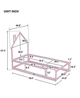 Streamdale Furniture Twin Size Wood Bed With Houseshaped Headboard Floor Bed With Fences, Pink