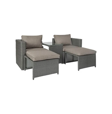 Merrick Lane Canzo Woven Rattan Modular Sofa Set For Indoor/Outdoor Use With Loveseat, Ottomans, And Tempered Glass Table