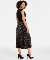 Anne Klein Womens Cowlneck Chain Trim Knit Top Chain Print Pull On Pleated Midi Skirt