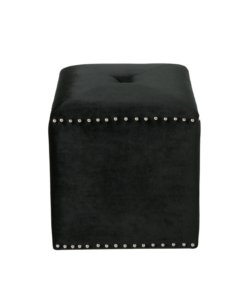 Simplie Fun Plush Velvet Square Ottoman with Studded Trim and Single Tuft