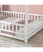 Streamdale Furniture Full Size Floor Wooden Bed with House Roof Frame, Fence Guardrails, White