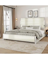 King Size Bed Frame with Upholstered Headboard and 4 Storage Drawers, King Bed Frame with Charging Station and Led Lights, Wood Slats, Beige Faux Leat