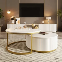Modern Round Nesting Coffee Table Fluted with Drawer in Black & Gold in 31.5"