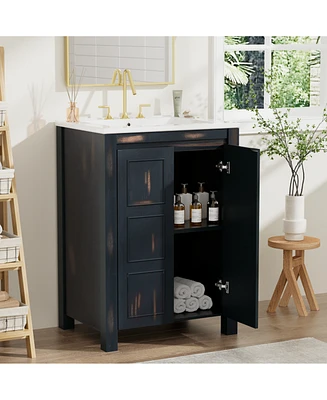 Streamdale Furniture 24" Vintage Style Bathroom Vanity Cabinet with Ceramic Sink and Ample Storage