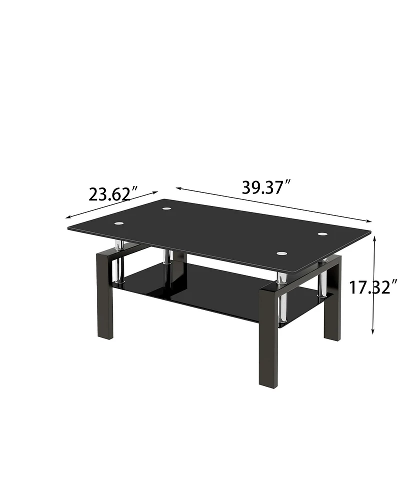 Simplie Fun Black Tempered Glass Coffee Table, 2 Layer Storage Tea Table