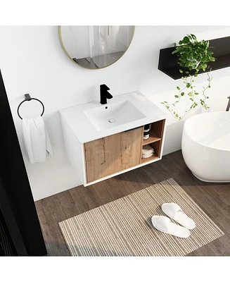 Modern Wall-Mounted Vanity with Soft-Close Door, Ceramic Sink, and Metal Handle