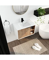 Modern Wall-Mounted Vanity with Soft-Close Door, Ceramic Sink, and Metal Handle