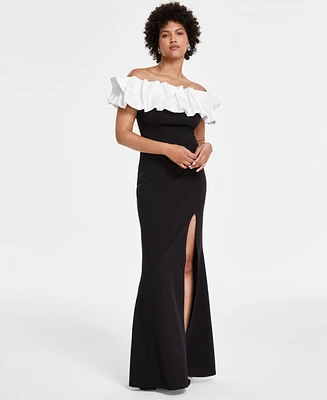 City Studios Junior's Satin Ruffle Off-The-Shoulder Gown