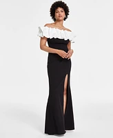 City Studios Junior's Satin Ruffle Off-The-Shoulder Gown