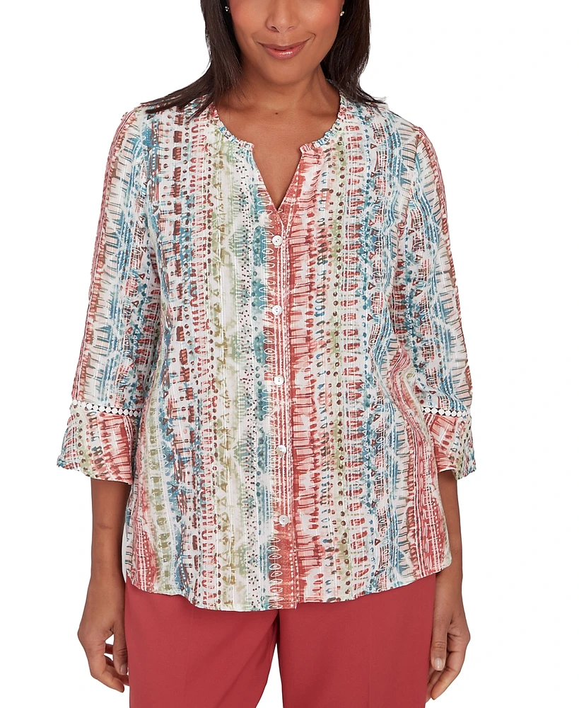 Alfred Dunner Petite Printed Button-Front 3/4-Sleeve Top