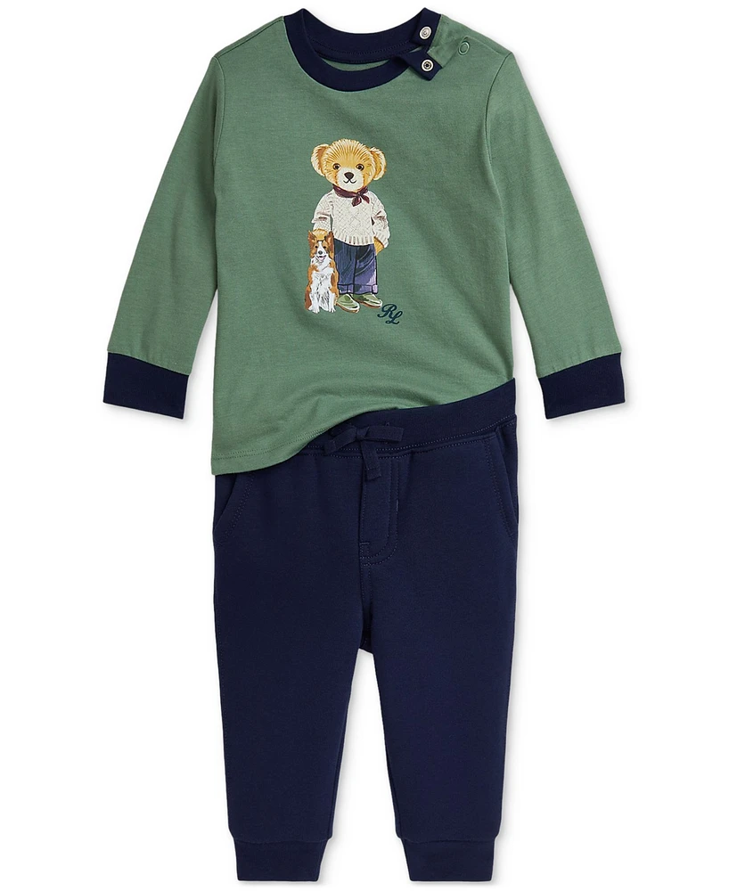 Polo Ralph Lauren Baby Boys 2-Pc. Bear Printed Long-Sleeve T-Shirt & Fleece Pants Set