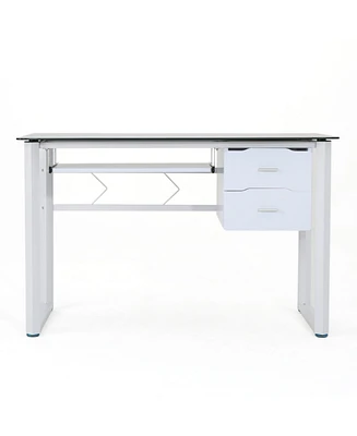 Simplie Fun Sleek and Practical Glass Computer Desk with Keyboard Tray and Drawers