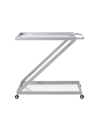 Simplie Fun Modern Z-Shaped Bar Cart with Tempered Glass Shelves and Locking Casters