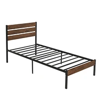 Streamdale Furniture Twin Size Bed Frame with Wood Headboard, Metal Frame with Strong Slats, Noise Free, No Box Spring Needed-Brown