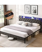 Mondawe King Bed Frame with Storage Headboard, Charging Station and Led Lights, Upholstered Platform Bed with Heavy Metal Slats