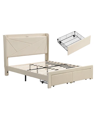 Mondawe Queen Size Bed Frame with 2 Storage Drawers, Upholstered Bed Frame with Wingback Headboard Storage Shelf Built-in Usb Charging Stations