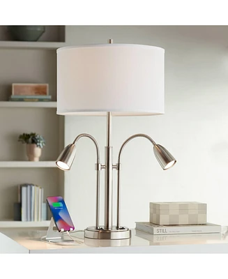 Possini Euro Design Wagner Modern Table Lamp with Usb Charging Port Led Gooseneck Lights 29.75" Tall Brushed Nickel White Linen Drum Shade for Living
