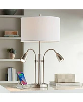 Possini Euro Design Wagner Modern Table Lamp with Usb Charging Port Led Gooseneck Lights 29.75" Tall Brushed Nickel White Linen Drum Shade for Living