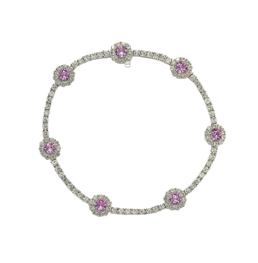 Suzy Levian New York Pink Sapphire & Lab-Grown White Sapphire Round Halo Pave Tennis. Bracelet in Sterling Silver