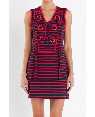 English Factory Women's Striped Knit Lace Up Dress