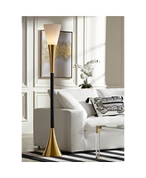 Possini Euro Design Piazza Mid Century Modern Glam Style Torchiere Floor Lamp 72.5" Tall Black Antique Brass Metal White Glass Shade for Living Room R