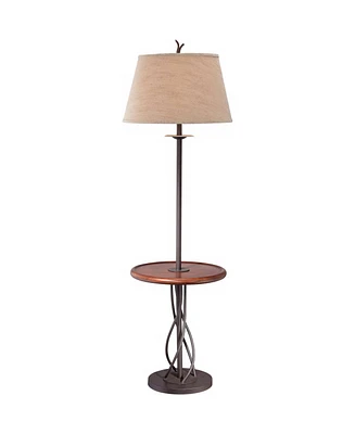 Franklin Iron Works Rustic Farmhouse Country Cottage Floor Lamp with Tray End Table 63.5" Tall Wood Twisted Iron Base Brown Linen Fabric Tapered Drum