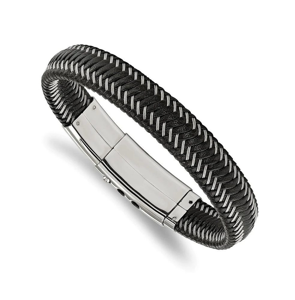 Chisel Stainless Steel Braided Wire Black Leather Adjustable Bracelet