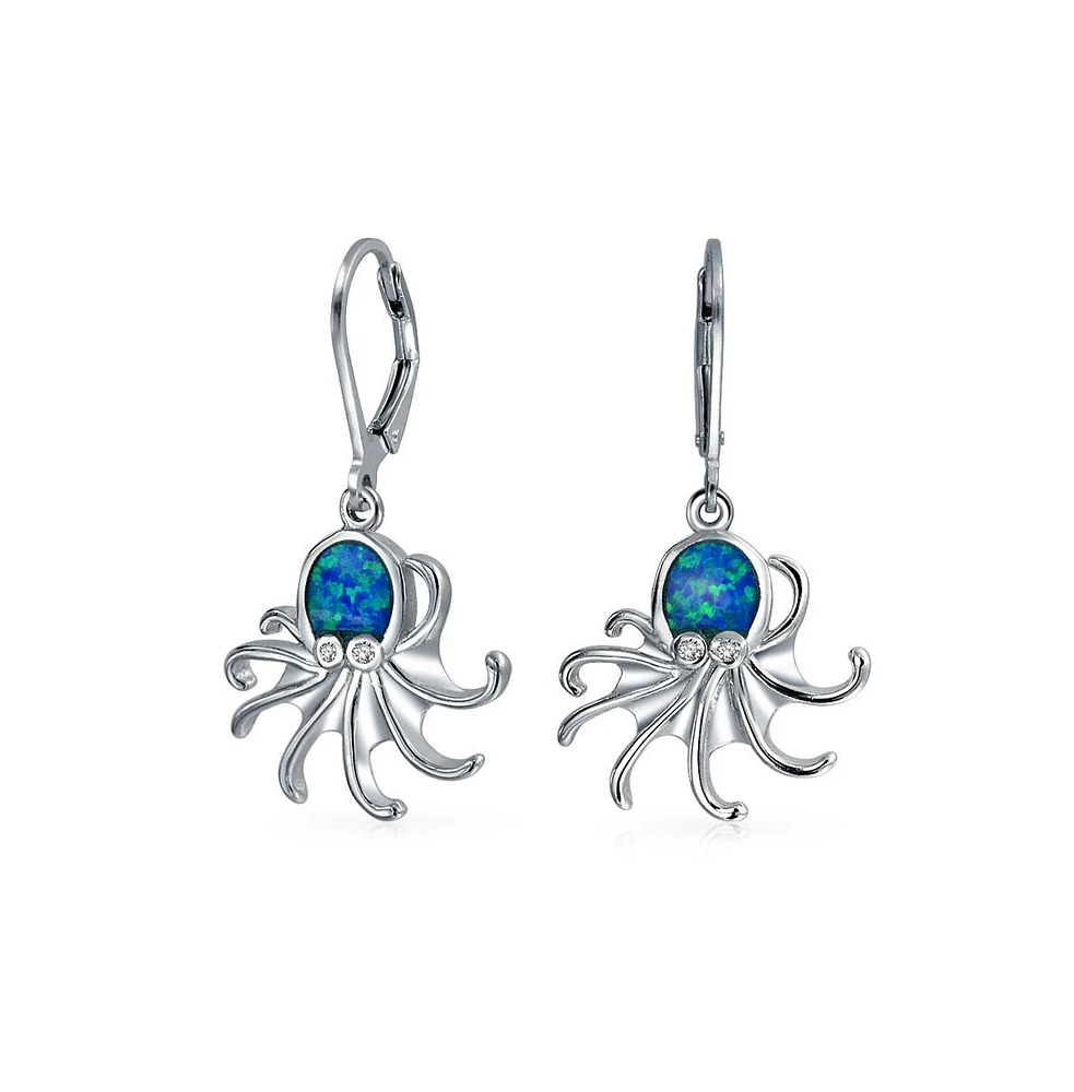 Bling Jewelry Nautical Synthetic Blue Opal Marine Life Lever back Octopus Dangle Earrings For Women For Sterling Silver