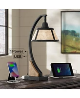 Franklin Iron Works Oak River Rustic Farmhouse Desk Table Lamp with Usb and Ac Power Outlet in Base 22" High Gray Wash Mica Shade for Living Room Bedr