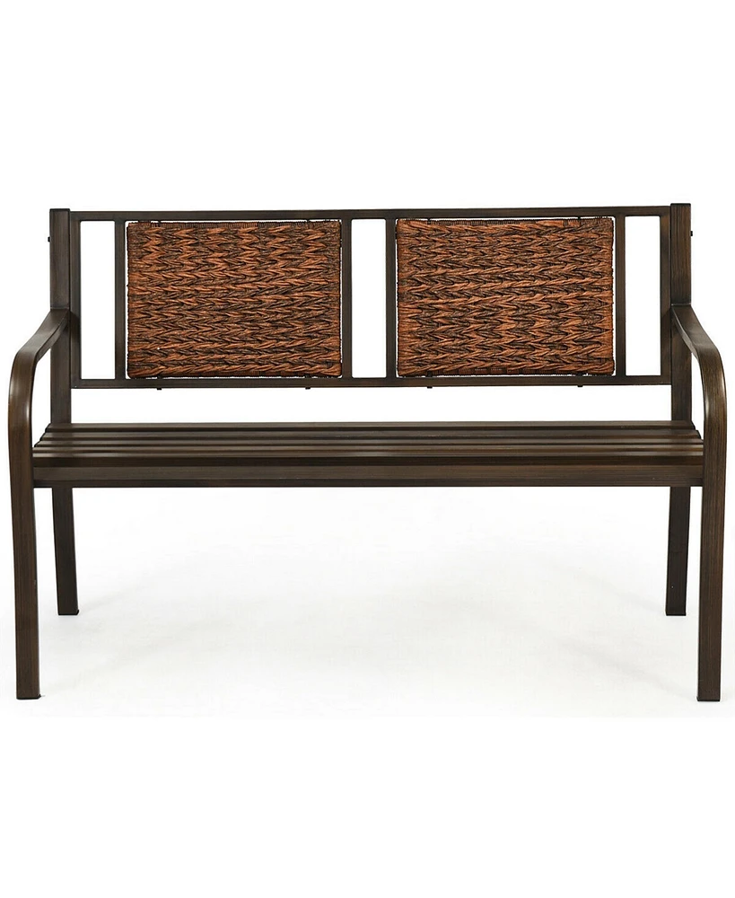 Gymax Garden Bench Loveseat Park Patio Yard Outdoor w/ Rattan Back Steel Frame