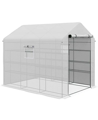 Outsunny 8' x 6' x 7' Greenhouse Warm House with 2-Tier Shelf Steel Frame Pe Cover White