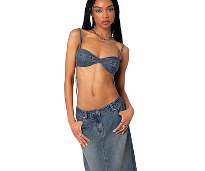 Edikted Women's Lassy Washed Denim Bralette - Blue