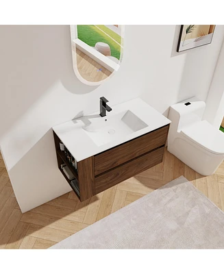 Simplie Fun 36" Wall Mounting Bathroom Vanity With Ceramic Sink, Soft Close Drawer