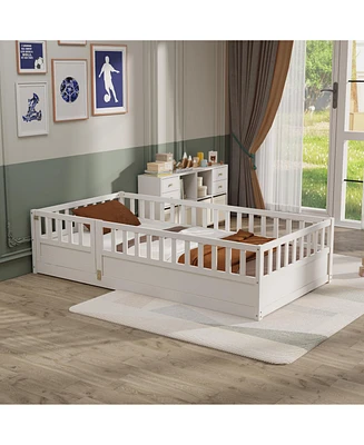 Simplie Fun Twin Size Floor bed, integral construction with super high security barrier, door, children's floor bed frame, Montessori wooden children'